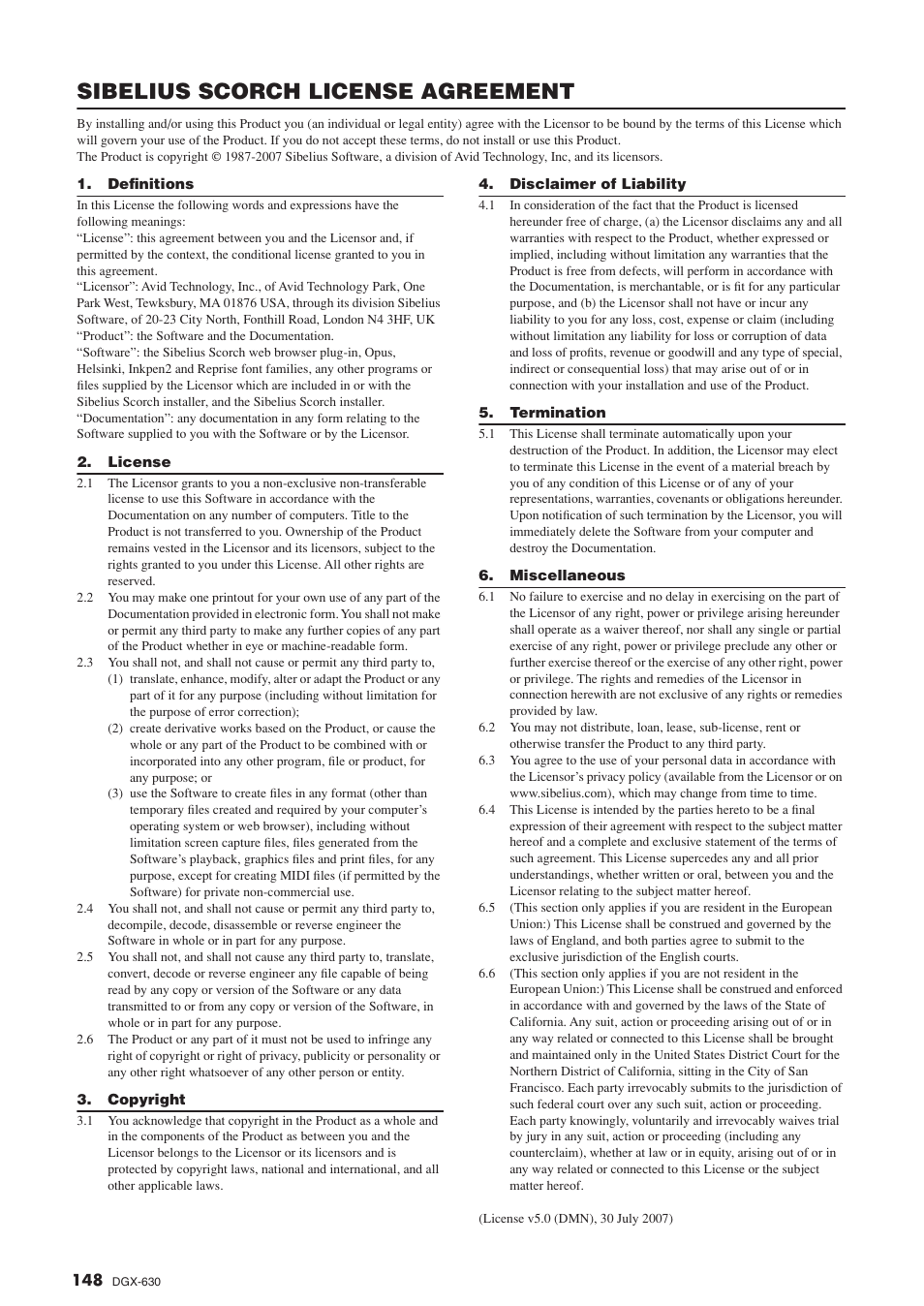 Sibelius scorch license agreement | Yamaha DGX-630 User Manual | Page 148 / 154