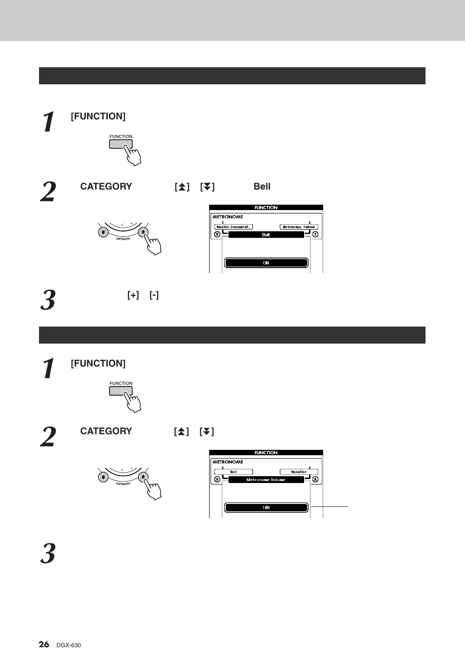 设置咔嚓铃声, 调节节拍器音量 | Yamaha DGX-630 User Manual | Page 26 / 154