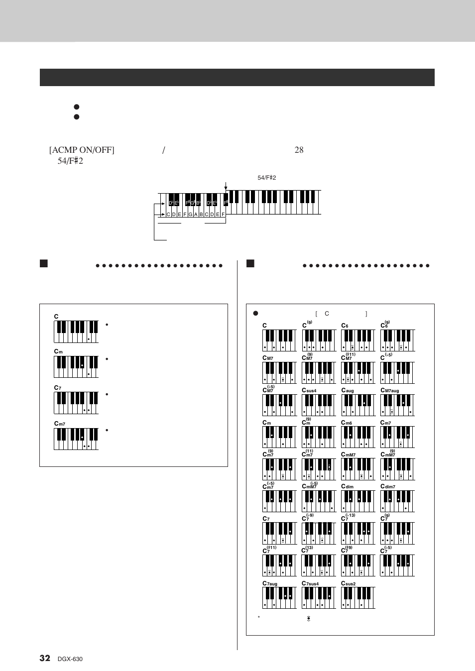 演奏自动伴奏和弦, Acmp on/off, 54/f | Yamaha DGX-630 User Manual | Page 32 / 154