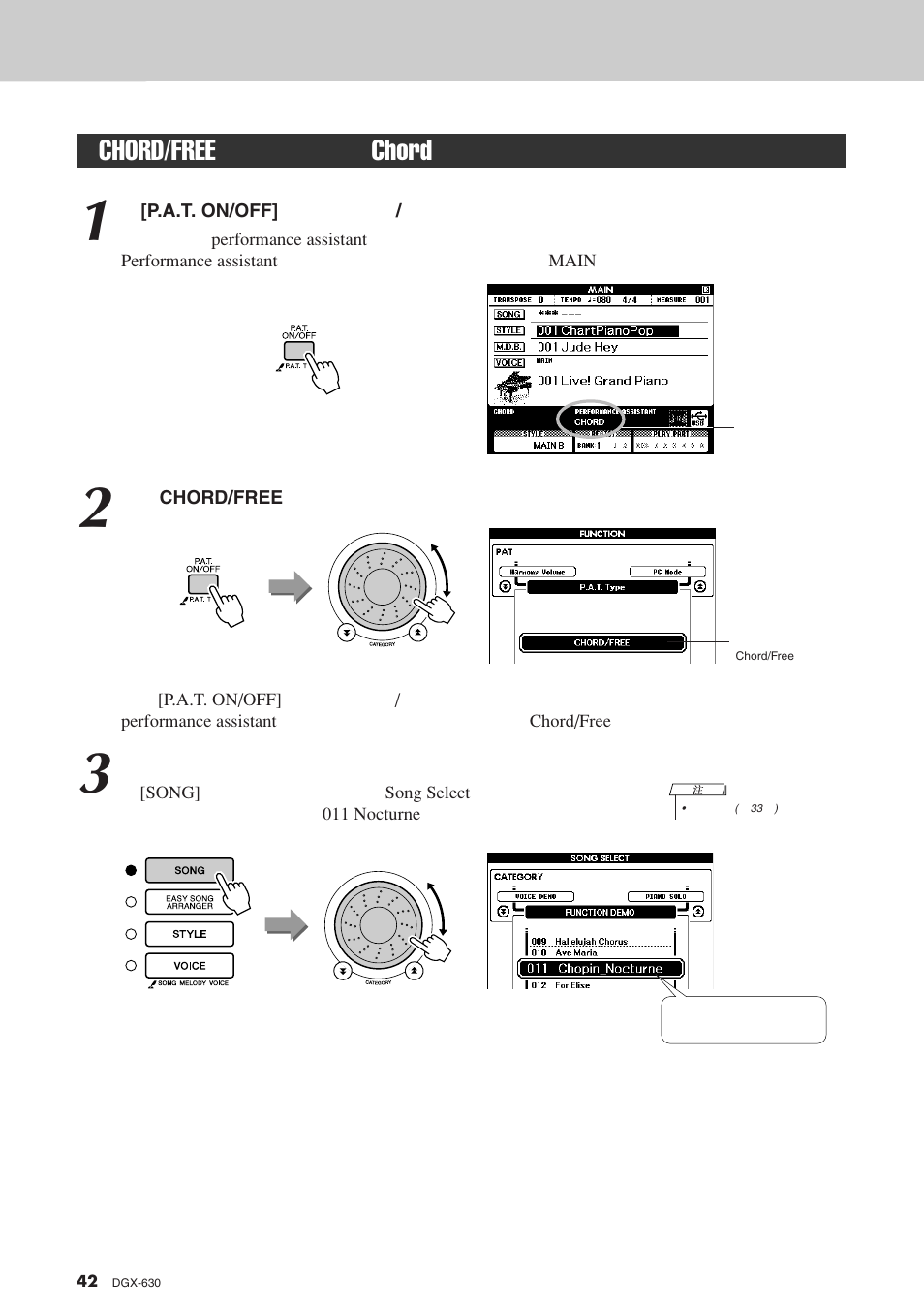 Chord/free型 － 只能将chord（和弦）类型用于左手, Chord/free, Chord | Chord/free chord | Yamaha DGX-630 User Manual | Page 42 / 154