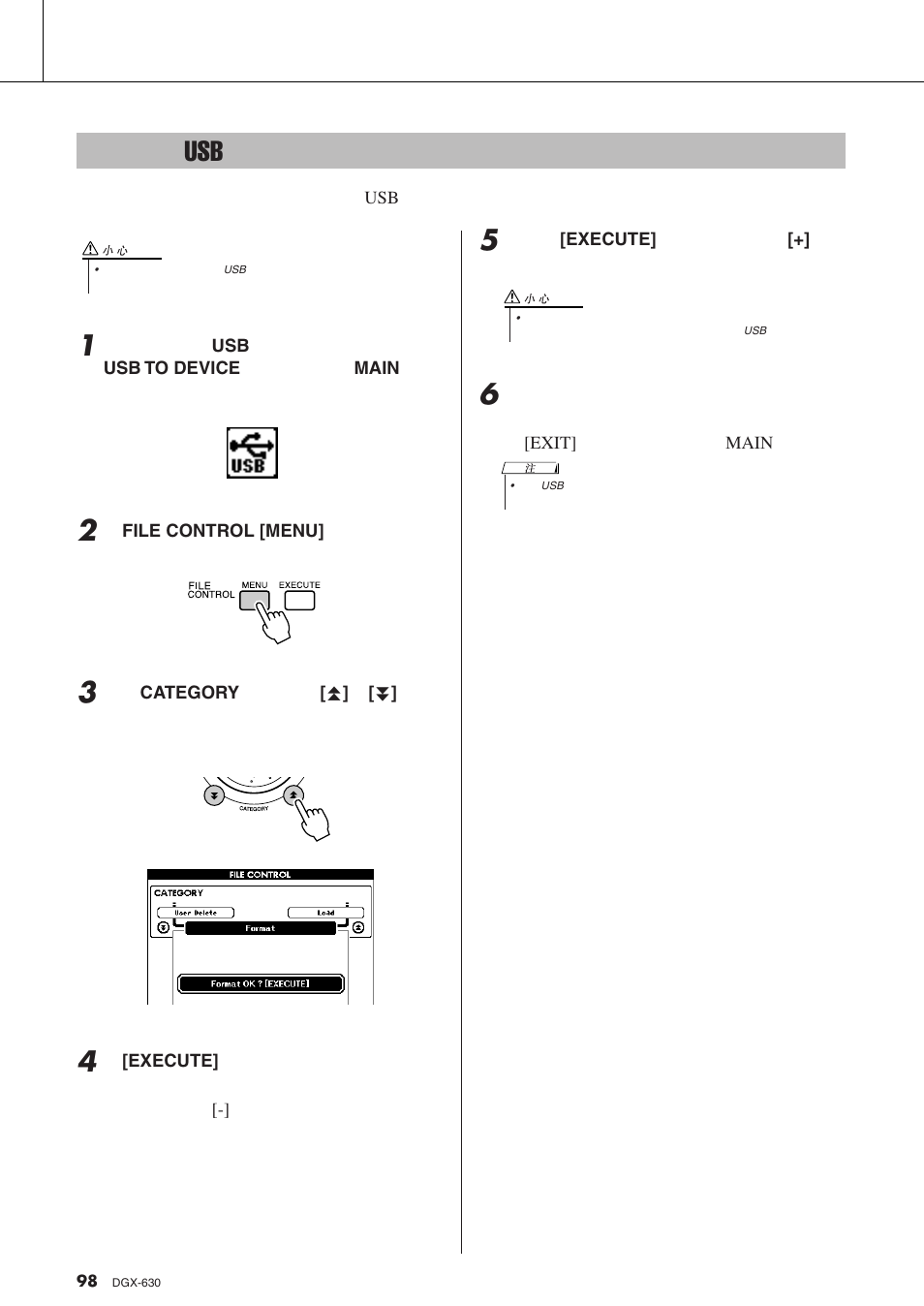 格式化usb 闪存 | Yamaha DGX-630 User Manual | Page 98 / 154