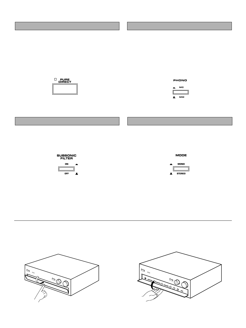 Setting the subsonic filter switch, Using the pure direct switch, Phono (mm/mc) switch setting the mode switch | Open/close the control door | Yamaha AX-1090 User Manual | Page 12 / 16