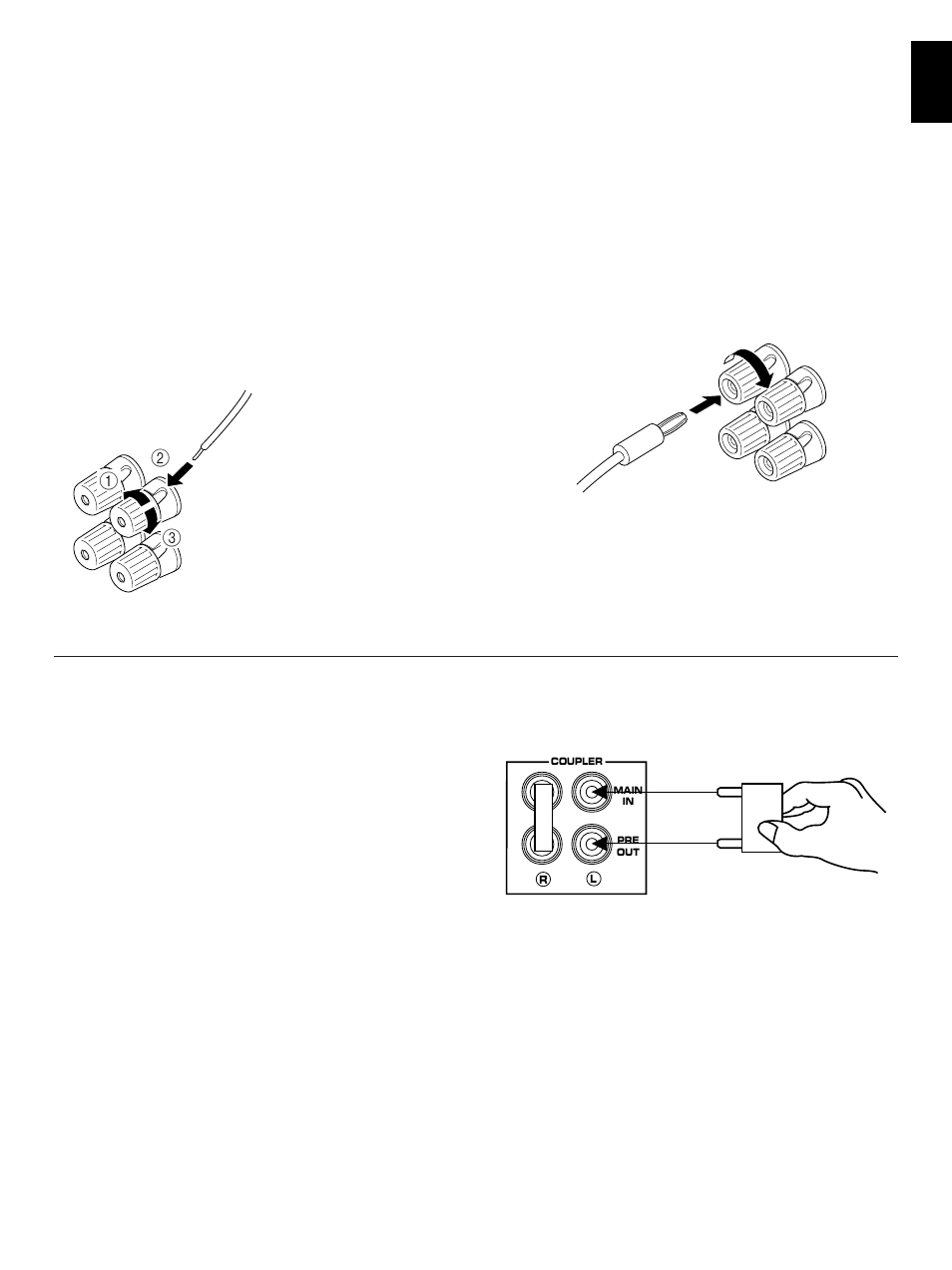 English, Remote control (phono) connector, Gnd terminal (for turntable use) | Pre out/main in terminals | Yamaha AX-1090 User Manual | Page 5 / 16