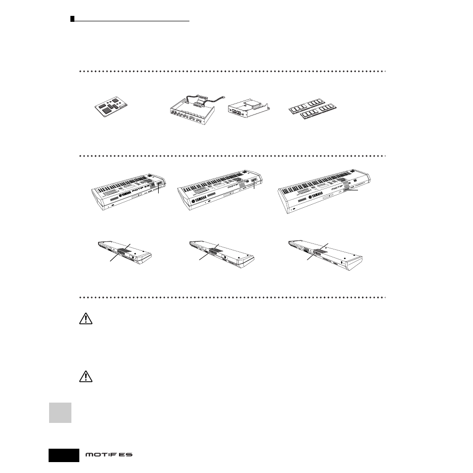 拡張部品(別売)の取り付け, 本体に取り付けることができる拡張部品, 拡張部品を取り付ける位置 | 拡張部品取り付けに関する注意 | Yamaha Motify ES8 User Manual | Page 282 / 300
