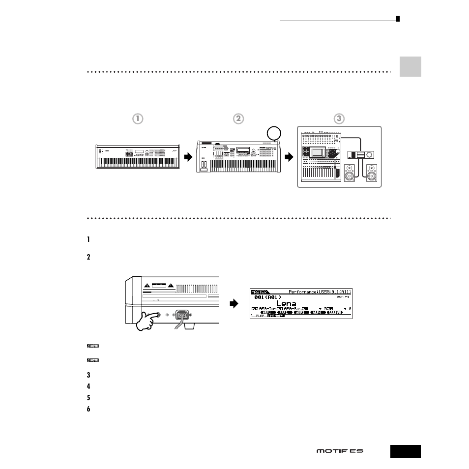 電源を入れる/切る, 各接続機器の電源を入れる順番, Motif esの電源オン/オフ | Yamaha Motify ES8 User Manual | Page 43 / 300