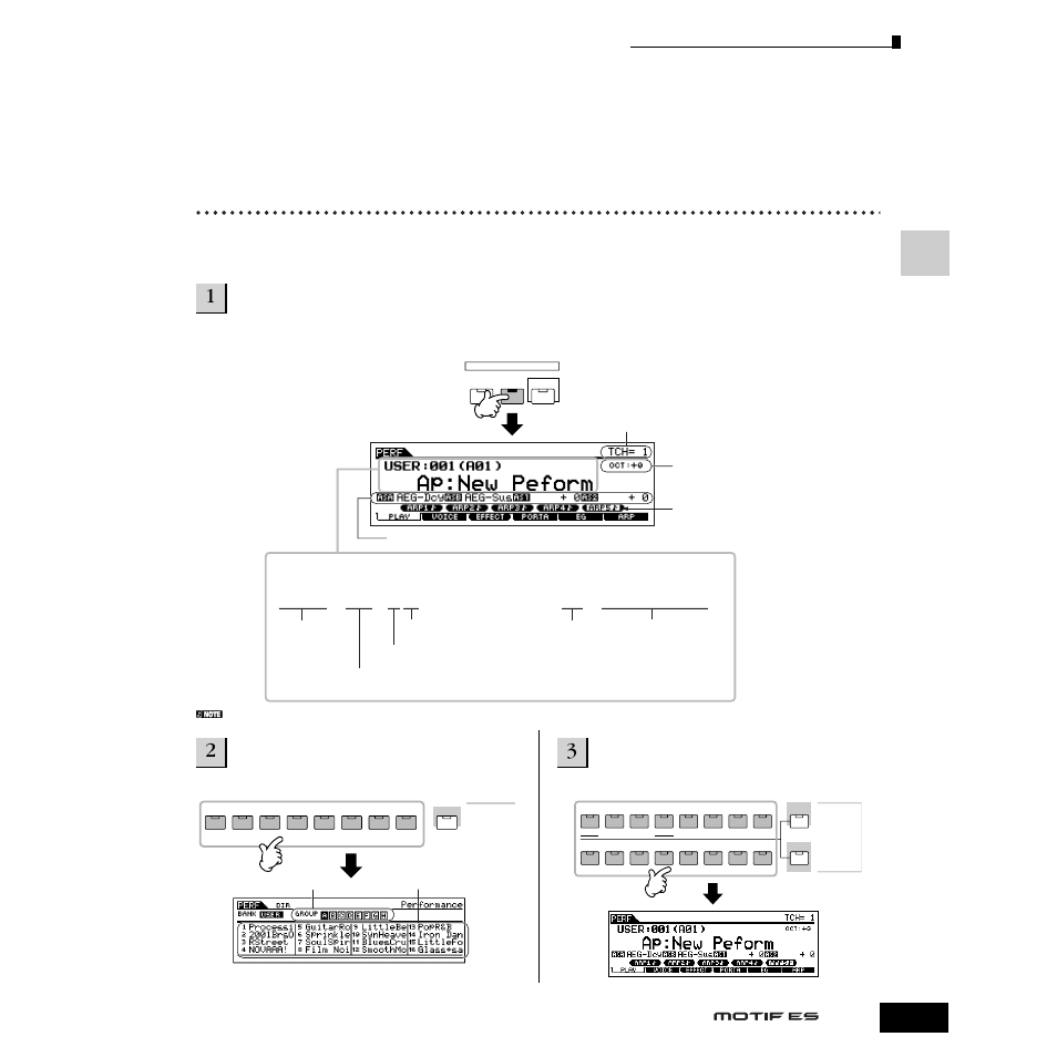 鍵盤を弾く(パフォーマンスプレイモード), パフォーマンスを選ぶ | Yamaha Motify ES8 User Manual | Page 67 / 300