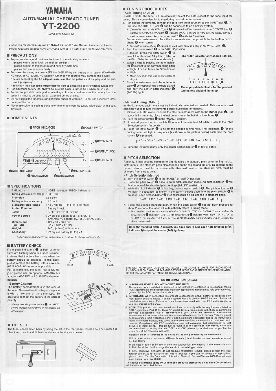 Yamaha, Yt-2200, Owner's manual | M precautions, Components, Specifications, Tuning procedures, Pitch selection, Battery check, M tilt slit | Yamaha YT-2200 User Manual | Page 2 / 4