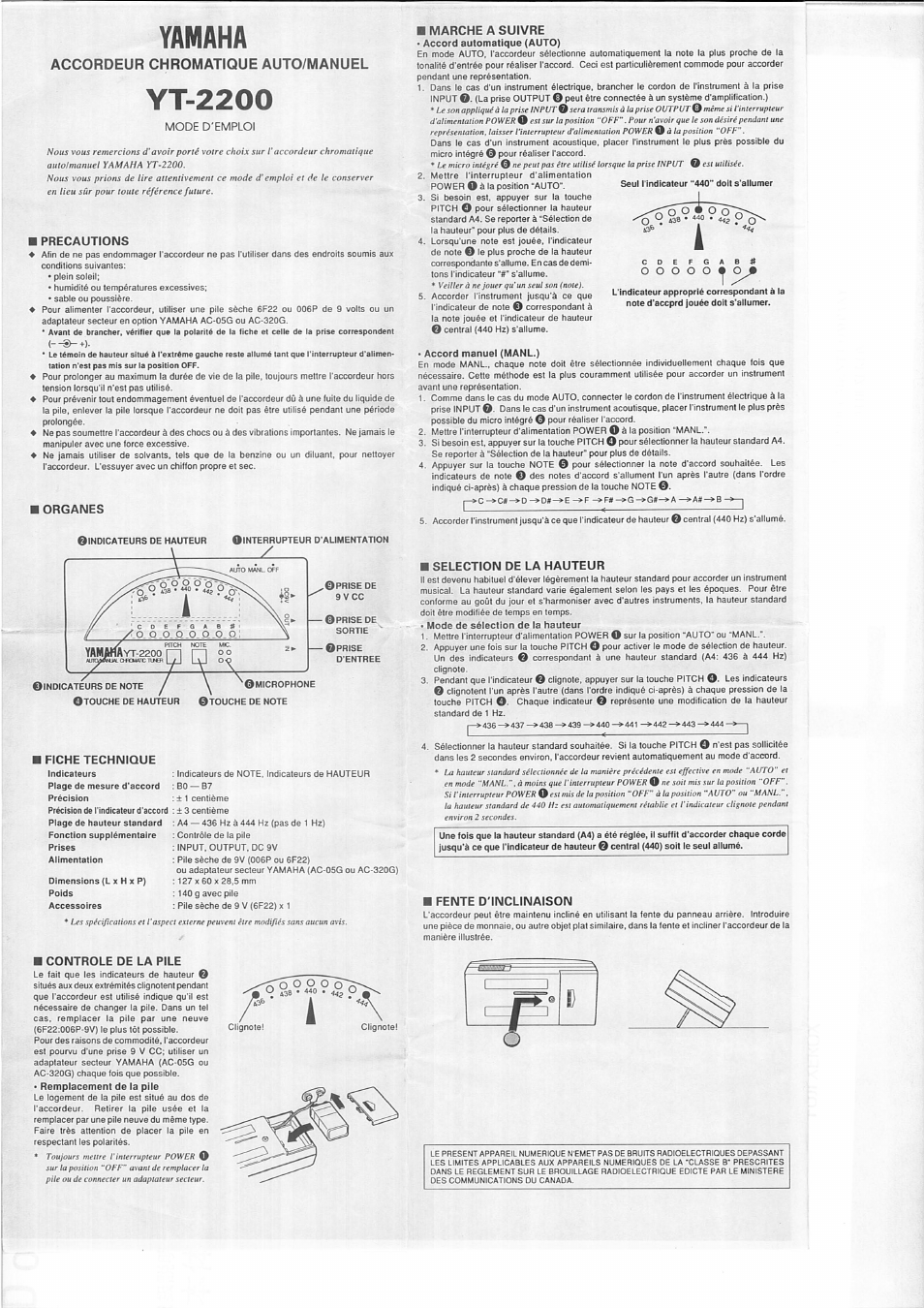 Yamaha, Mode d'emploi, M precautions | Organes, Fiche technique, M marche a suivre, Selection de la hauteur, Fente d'inclinaison, Controle de la pile, Yt-2200 | Yamaha YT-2200 User Manual | Page 3 / 4