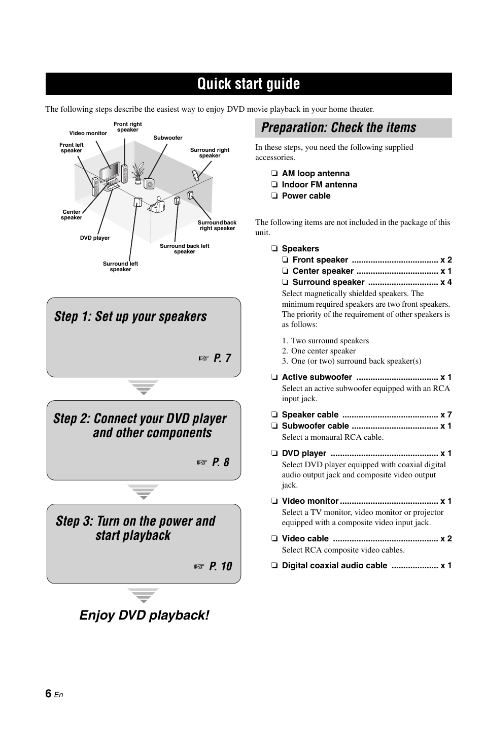 Quick start guide, Enjoy dvd playback! step 1: set up your speakers, Preparation: check the items | P. 7, P. 8 ☞ p. 10 | Yamaha RX-V1800 User Manual | Page 10 / 157