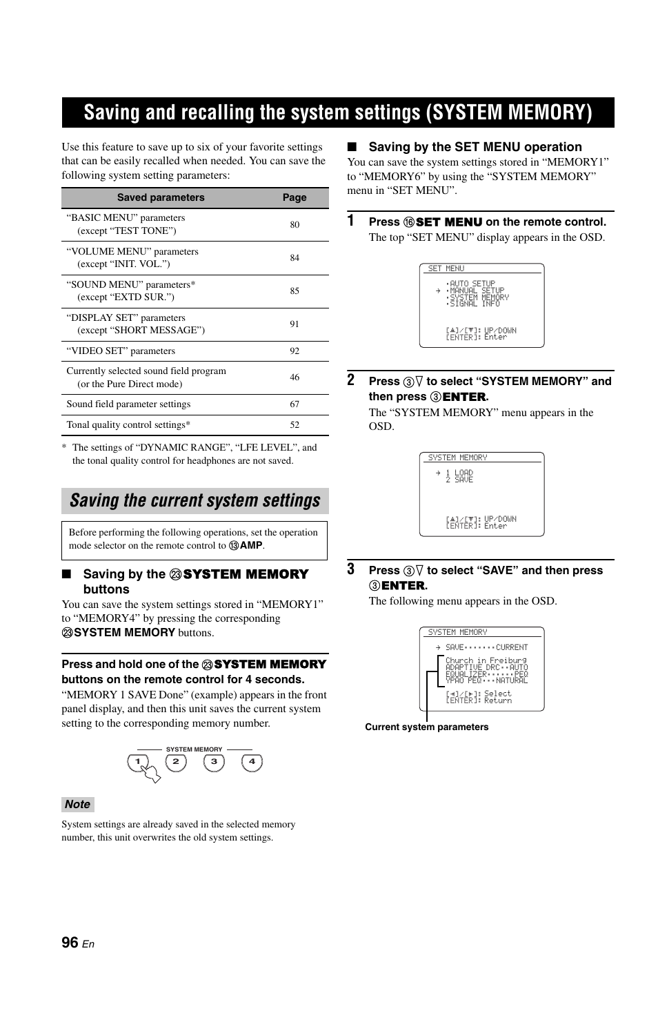 Saving the current system settings, P. 96, Saving by the set menu operation | Yamaha RX-V1800 User Manual | Page 100 / 157