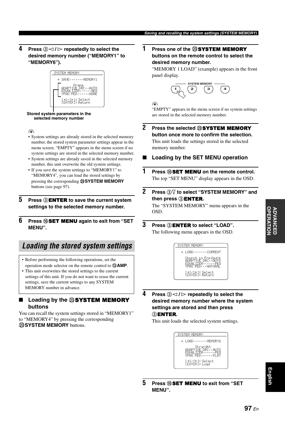 Loading the stored system settings | Yamaha RX-V1800 User Manual | Page 101 / 157