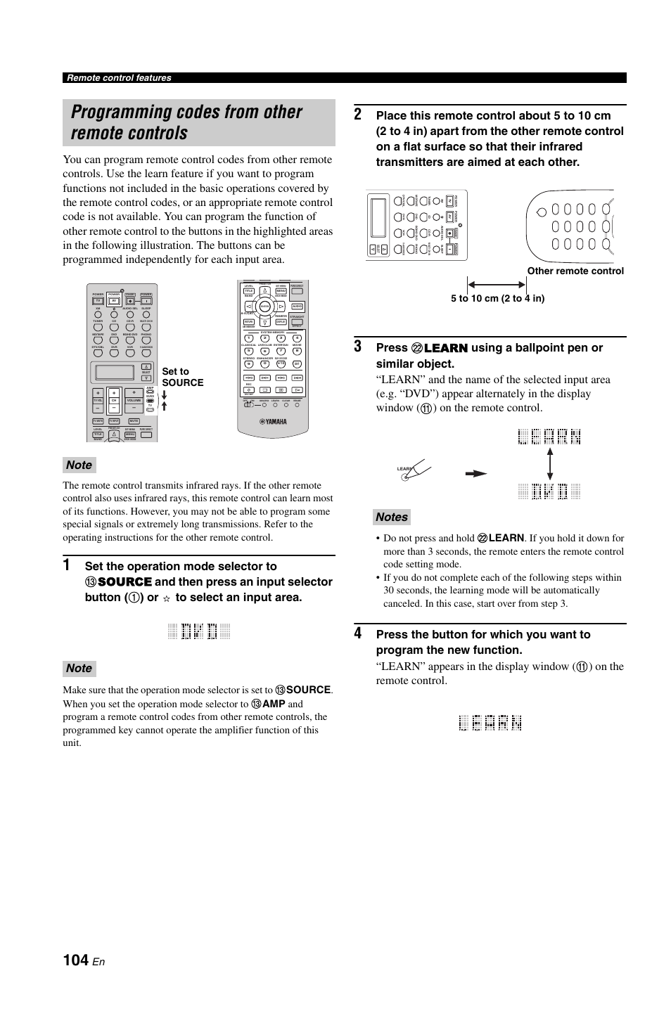 Programming codes from other remote controls, Set to source, Remote control features | Yamaha RX-V1800 User Manual | Page 108 / 157