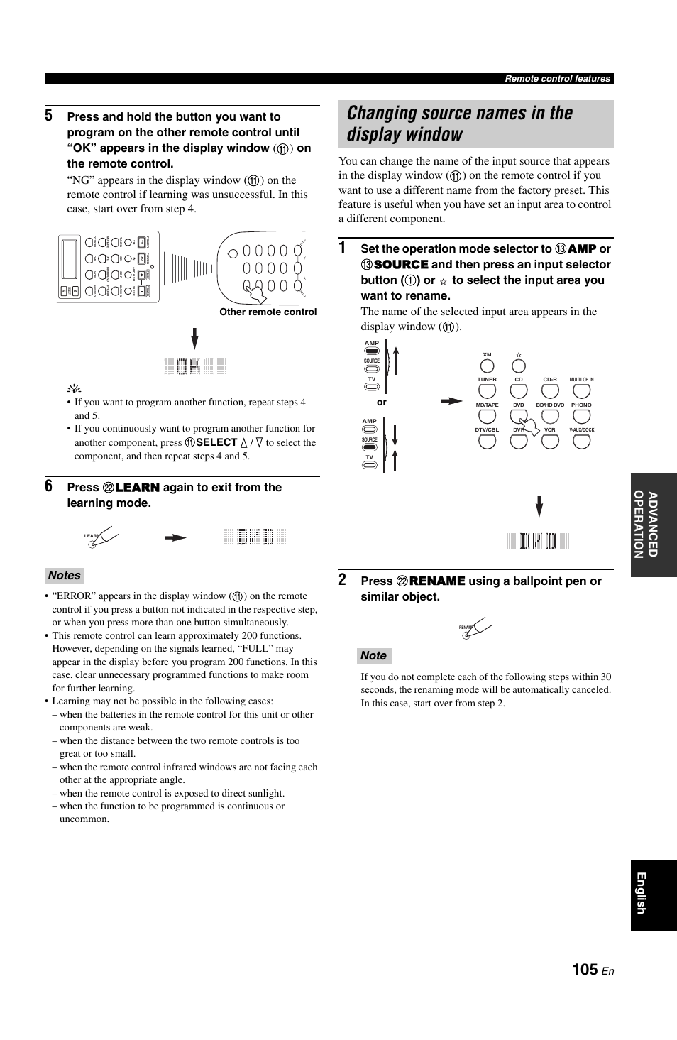 Changing source names in the display window, Ad v anced opera t ion english, Press l learn again to exit from the learning mode | Yamaha RX-V1800 User Manual | Page 109 / 157