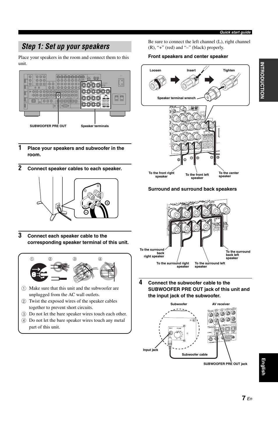 Step 1: set up your speakers, Place your speakers and subwoofer in the room, Connect speaker cables to each speaker | Presence/zone 2/zone 3, Single, Presence, Out in in, Quick start guide, Subwoofer pre out speaker terminals | Yamaha RX-V1800 User Manual | Page 11 / 157