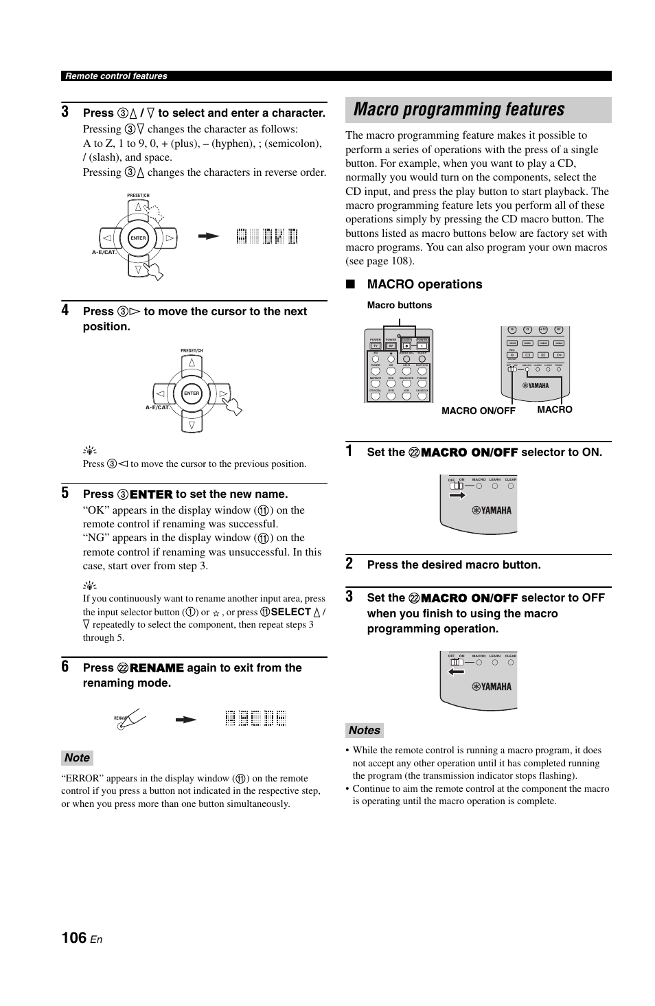 Macro programming features, Macro operations, Set the l macro on/off selector to on | Press the desired macro button | Yamaha RX-V1800 User Manual | Page 110 / 157