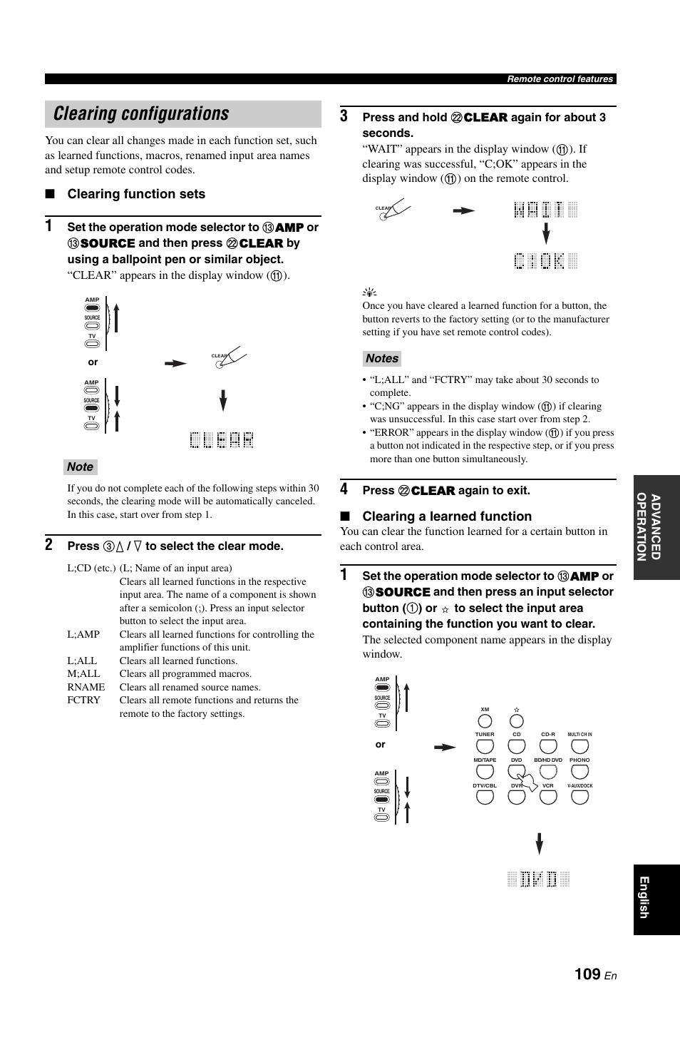 Clearing configurations, Clearing function sets, Clearing a learned function | Yamaha RX-V1800 User Manual | Page 113 / 157