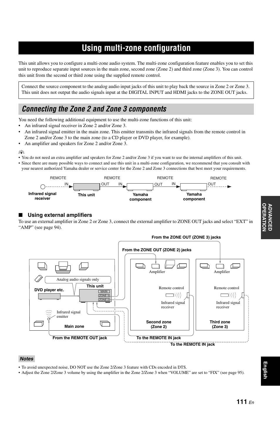 Using multi-zone configuration, Connecting the zone 2 and zone 3 components, P. 111 | Using external amplifiers | Yamaha RX-V1800 User Manual | Page 115 / 157