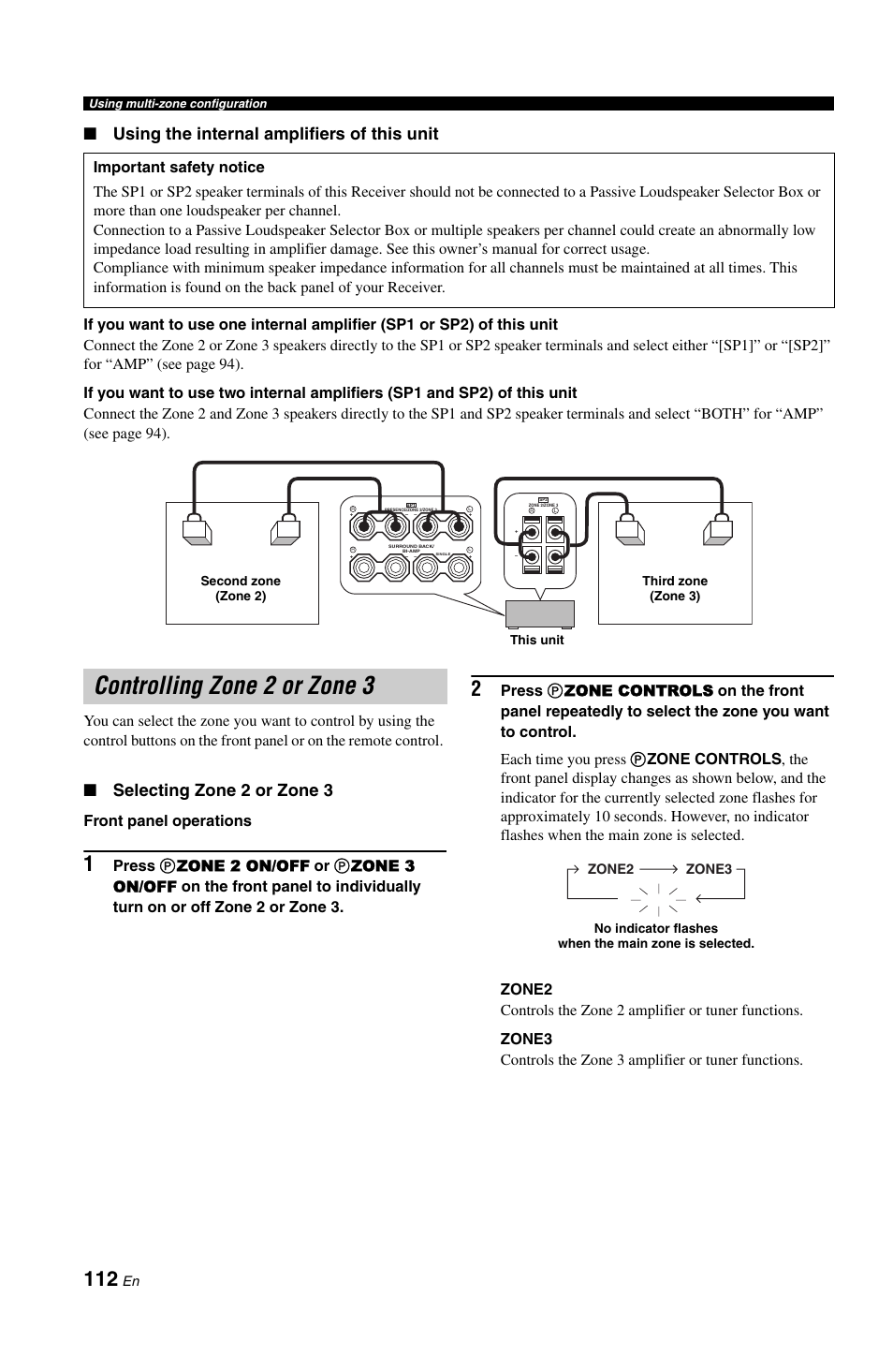 Controlling zone 2 or zone 3, Using the internal amplifiers of this unit, Selecting zone 2 or zone 3 | Front panel operations | Yamaha RX-V1800 User Manual | Page 116 / 157