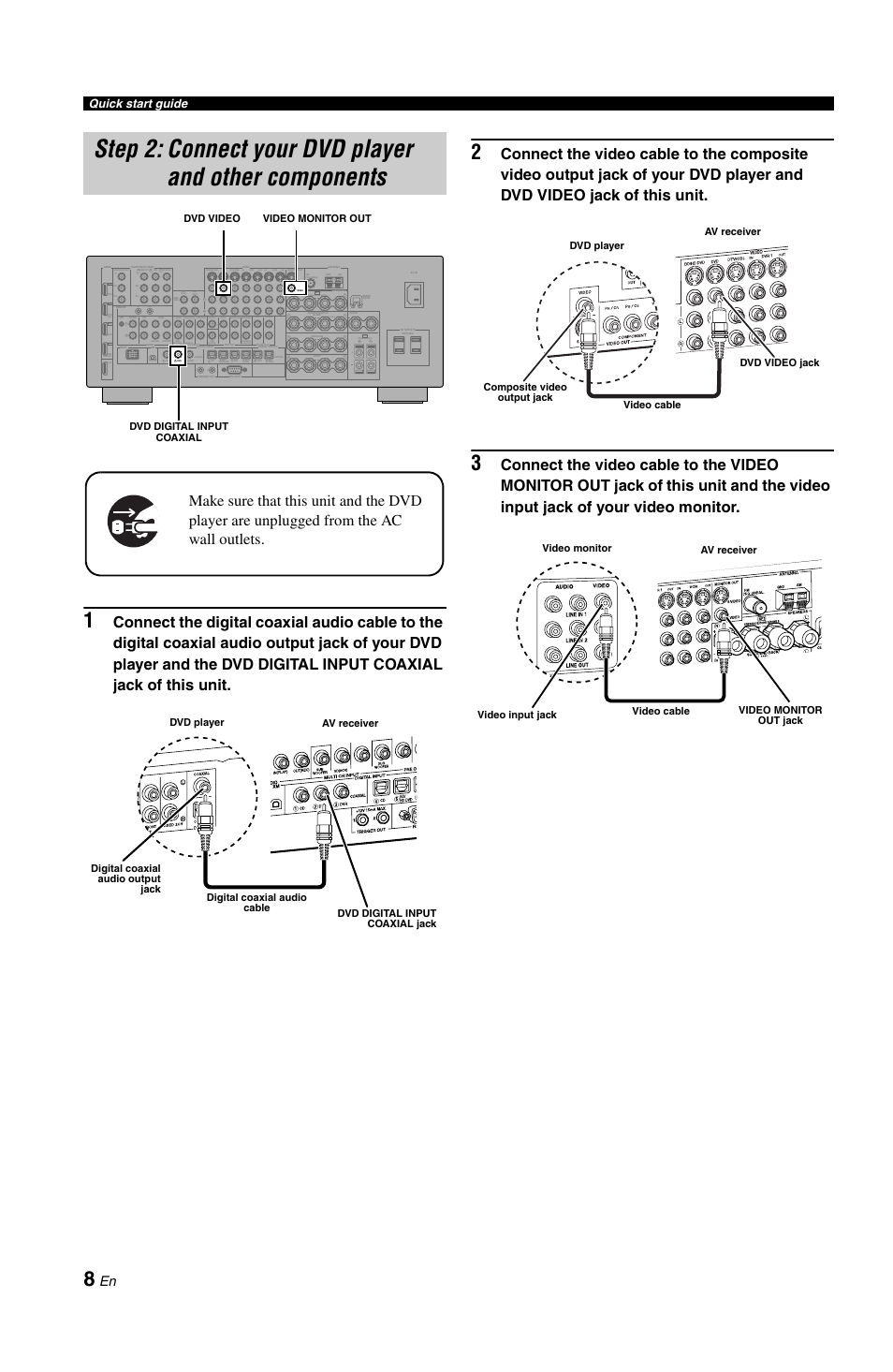 Presence/zone 2/zone 3, Single, Presence | Out in in, Quick start guide | Yamaha RX-V1800 User Manual | Page 12 / 157