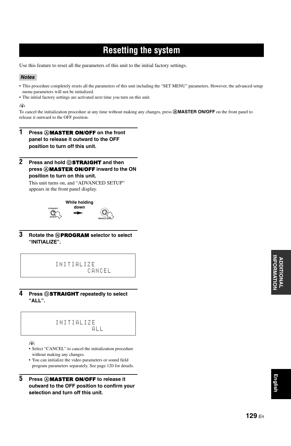 Resetting the system | Yamaha RX-V1800 User Manual | Page 133 / 157