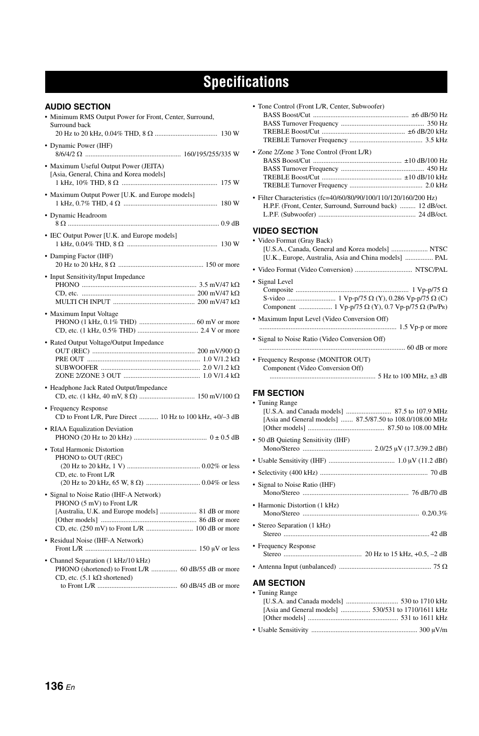 Specifications | Yamaha RX-V1800 User Manual | Page 140 / 157