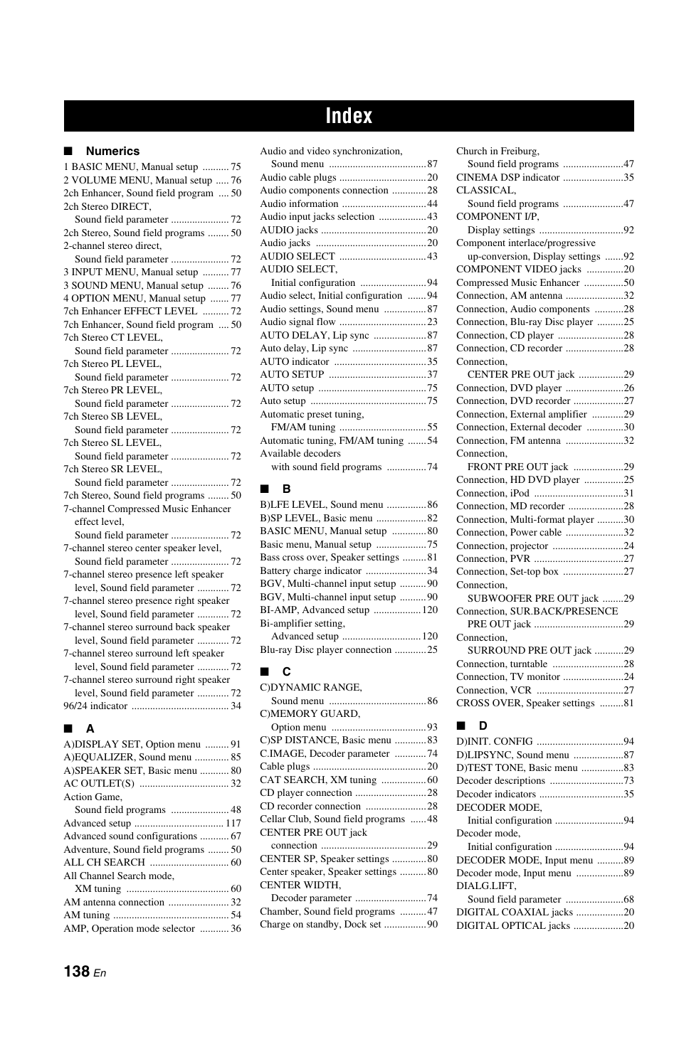 Index | Yamaha RX-V1800 User Manual | Page 142 / 157