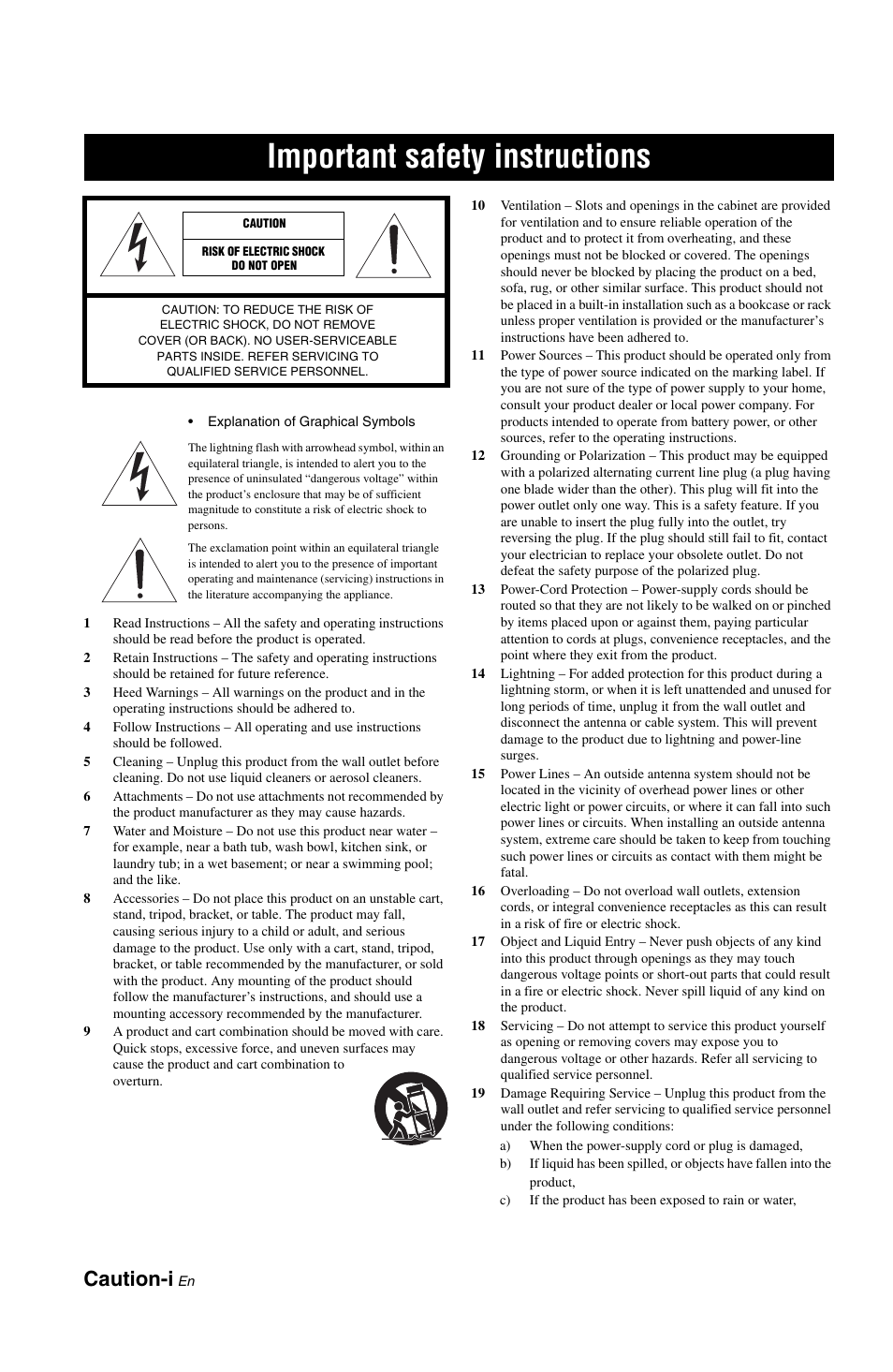 Important safety instructions, Caution-i | Yamaha RX-V1800 User Manual | Page 2 / 157