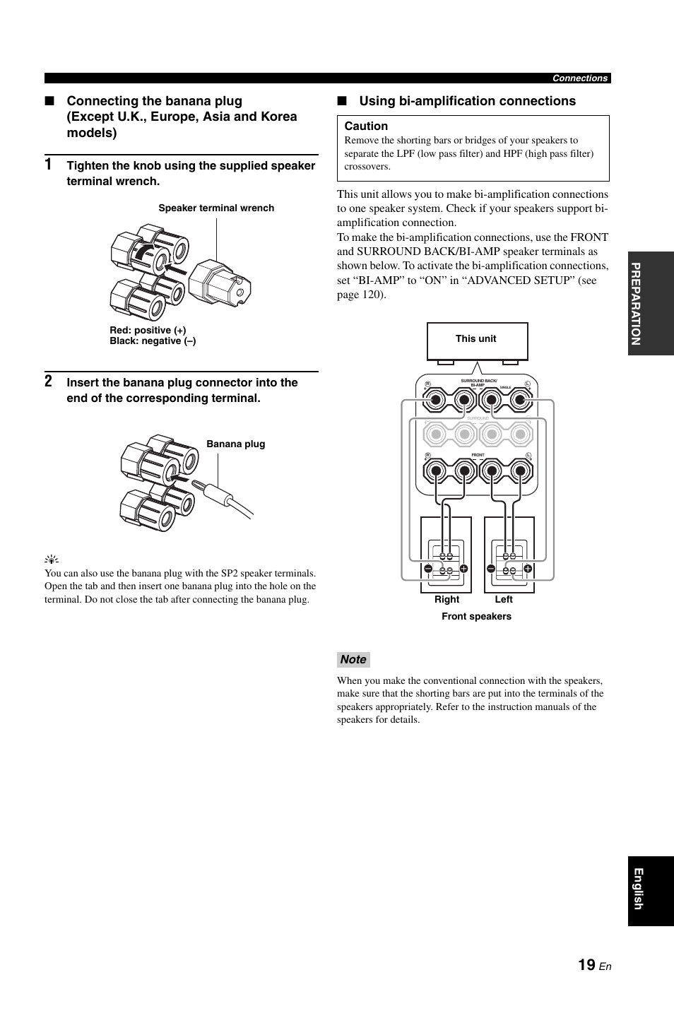 Using bi-amplification connections, Pre p ara t ion english, Caution | Yamaha RX-V1800 User Manual | Page 23 / 157