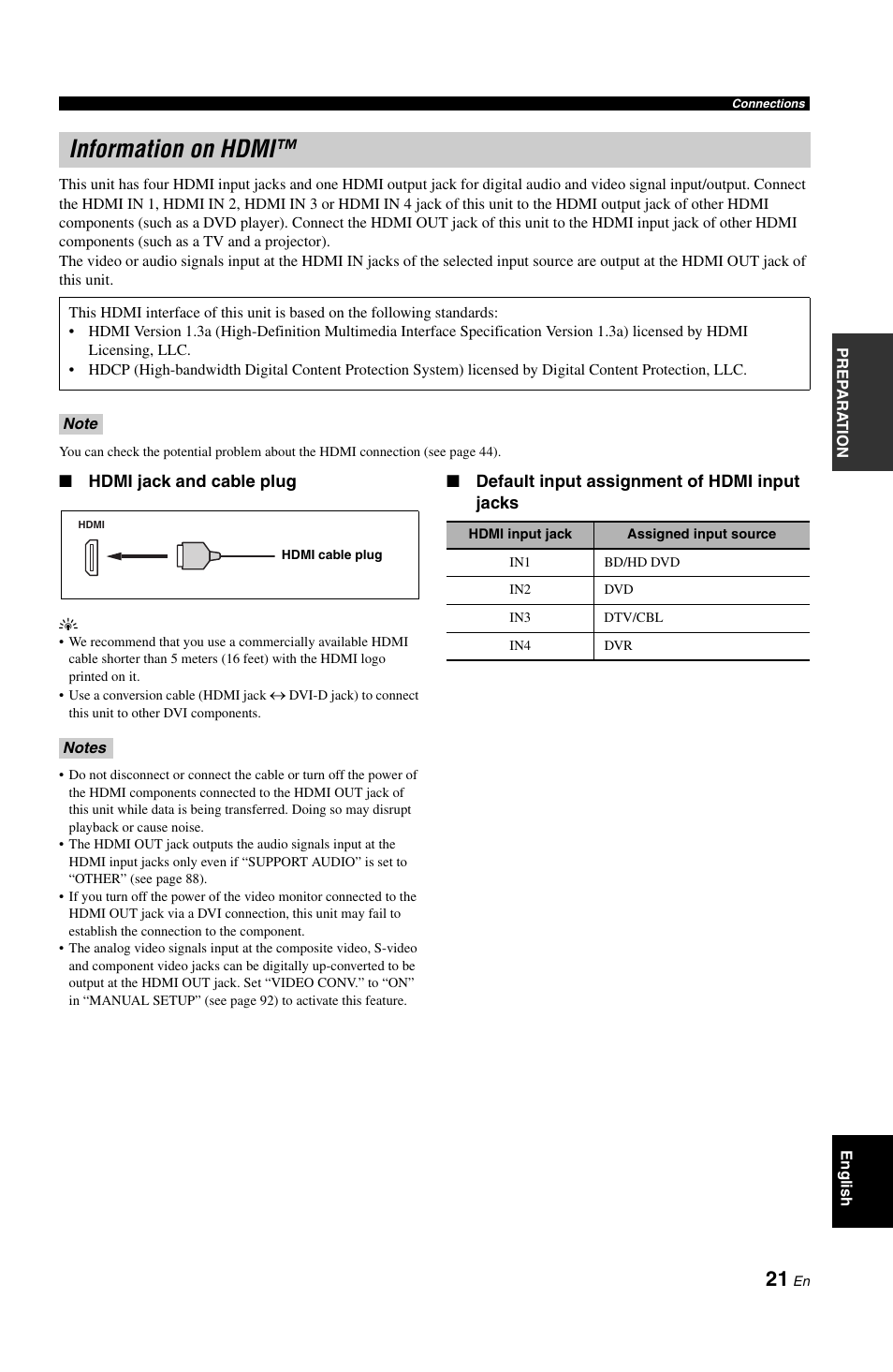 P. 21–22, Information on hdmi | Yamaha RX-V1800 User Manual | Page 25 / 157