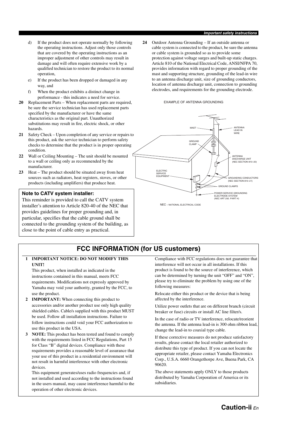 Caution-ii, Fcc information (for us customers) | Yamaha RX-V1800 User Manual | Page 3 / 157