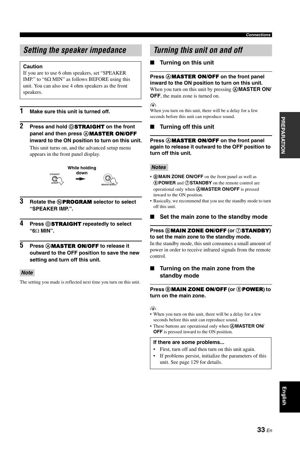 P. 33, Setting the speaker impedance, Turning this unit on and off | Yamaha RX-V1800 User Manual | Page 37 / 157