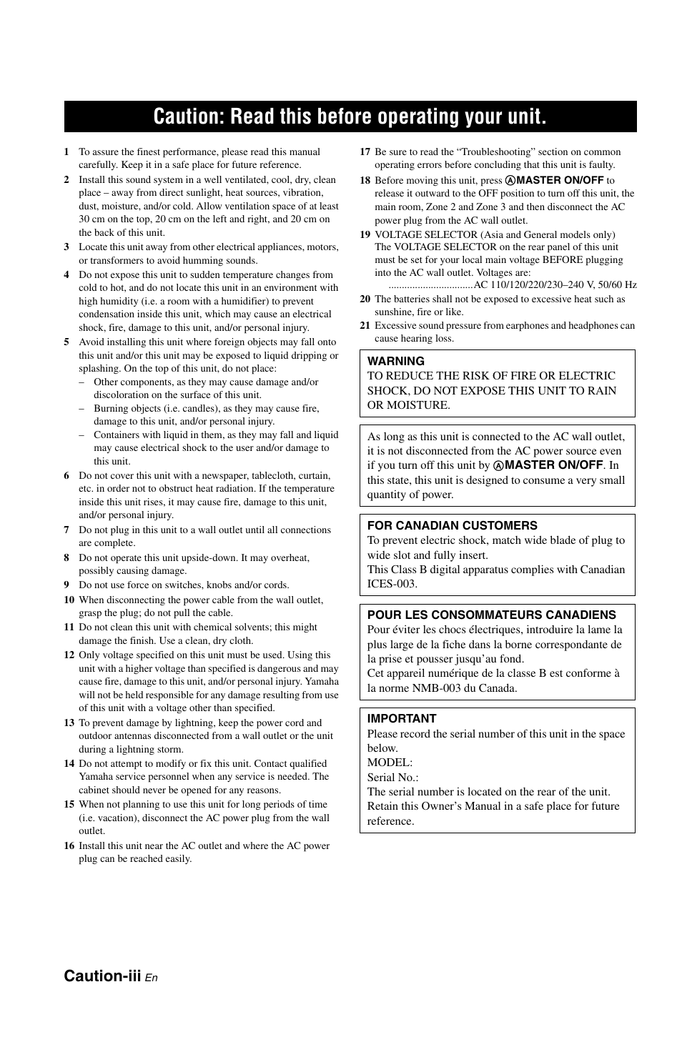 Caution: read this before operating your unit, Caution-iii | Yamaha RX-V1800 User Manual | Page 4 / 157