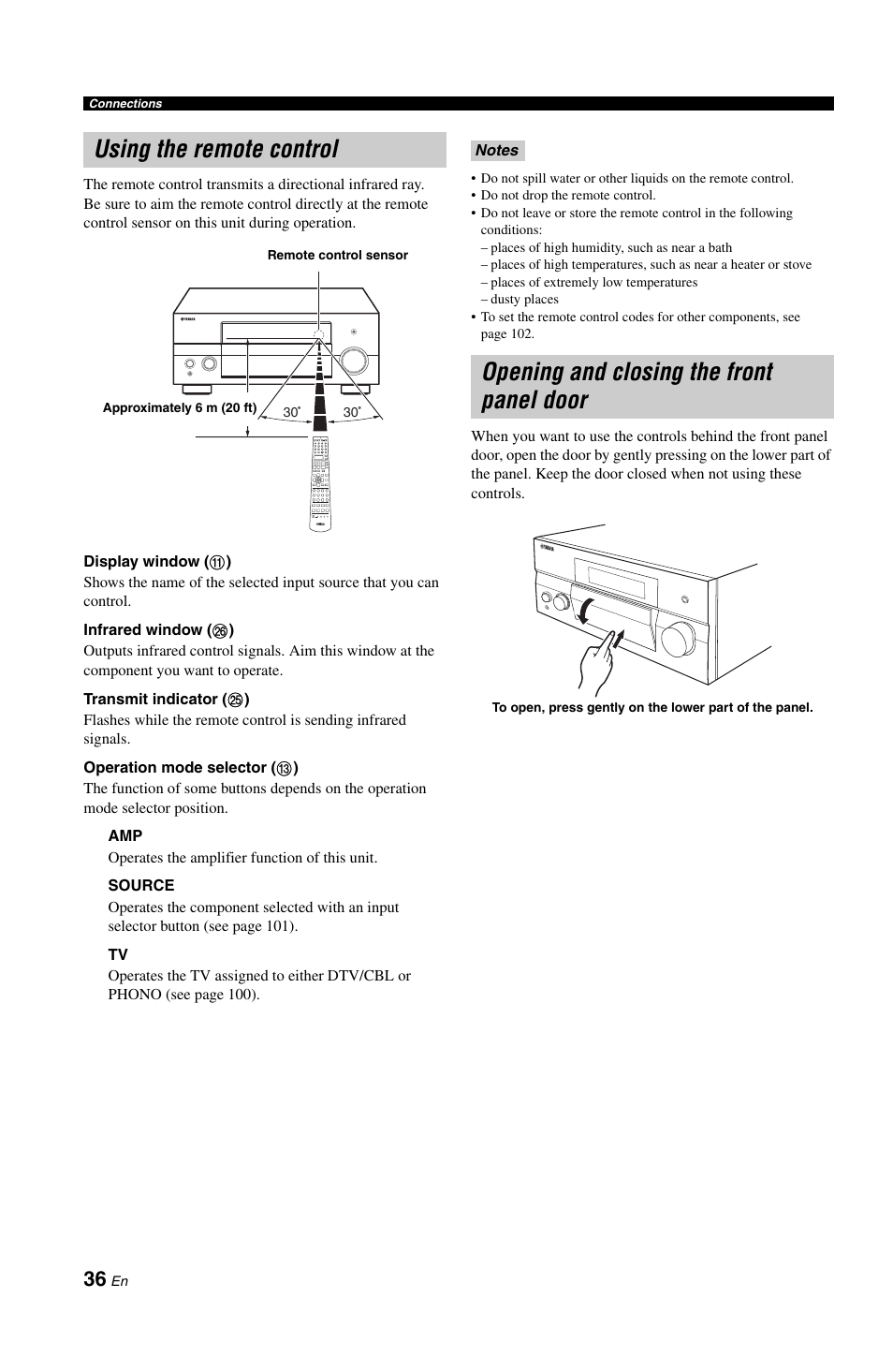 Using the remote control, Opening and closing the front panel door | Yamaha RX-V1800 User Manual | Page 40 / 157