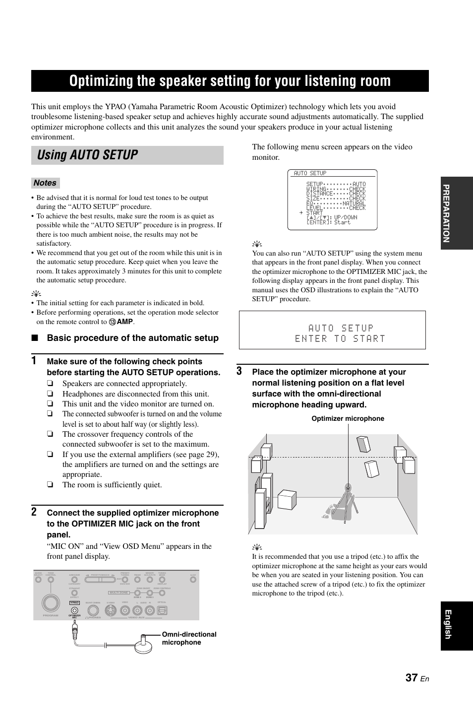 Using auto setup, P. 37, Basic procedure of the automatic setup | Yamaha RX-V1800 User Manual | Page 41 / 157