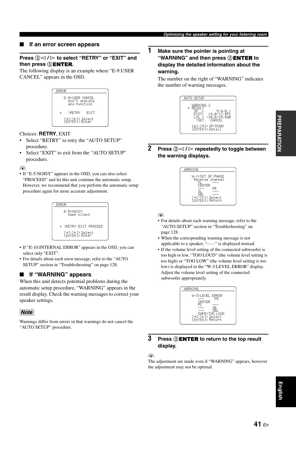 If an error screen appears, If “warning” appears | Yamaha RX-V1800 User Manual | Page 45 / 157