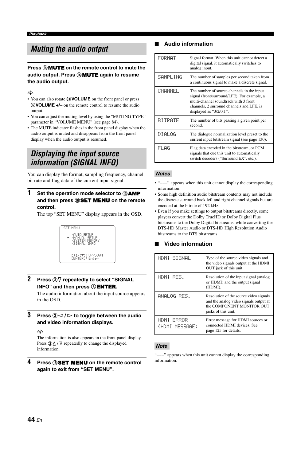 Muting the audio output, P. 44 | Yamaha RX-V1800 User Manual | Page 48 / 157