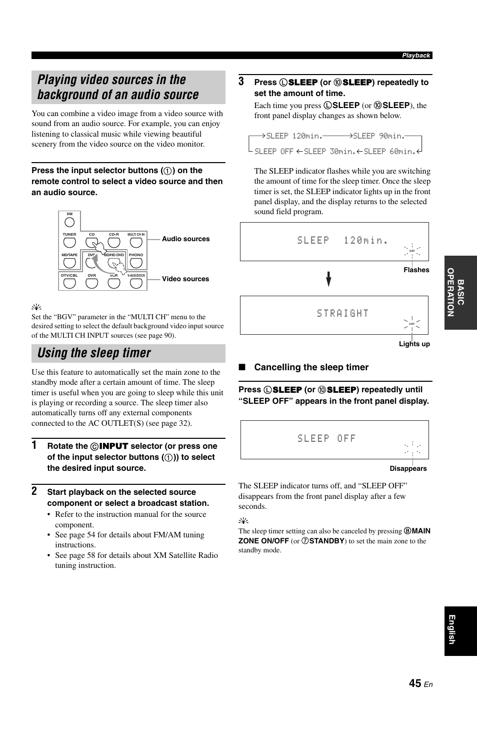 Using the sleep timer, P. 45, Cancelling the sleep timer | Yamaha RX-V1800 User Manual | Page 49 / 157