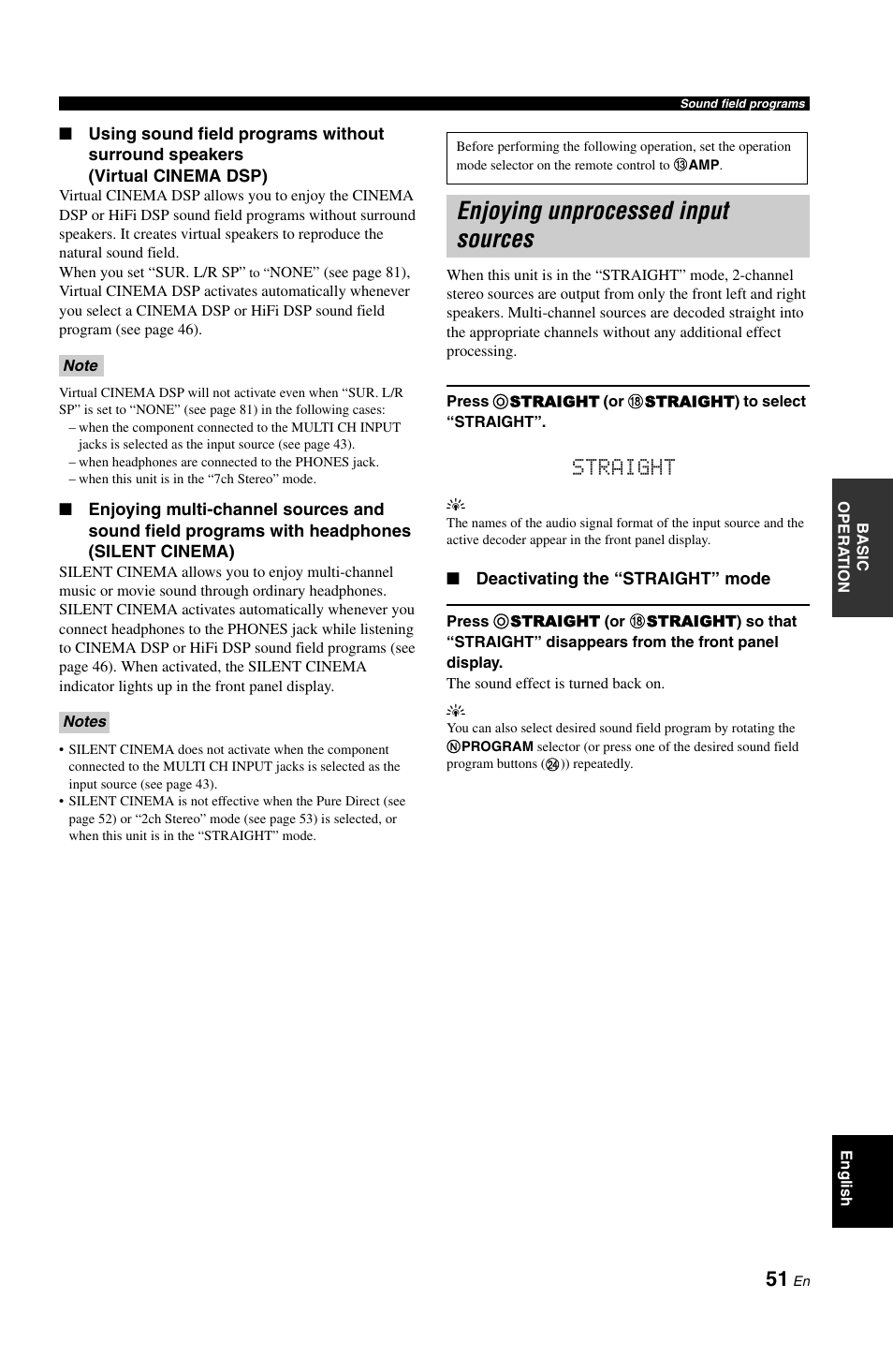 Enjoying unprocessed input sources, Straight | Yamaha RX-V1800 User Manual | Page 55 / 157