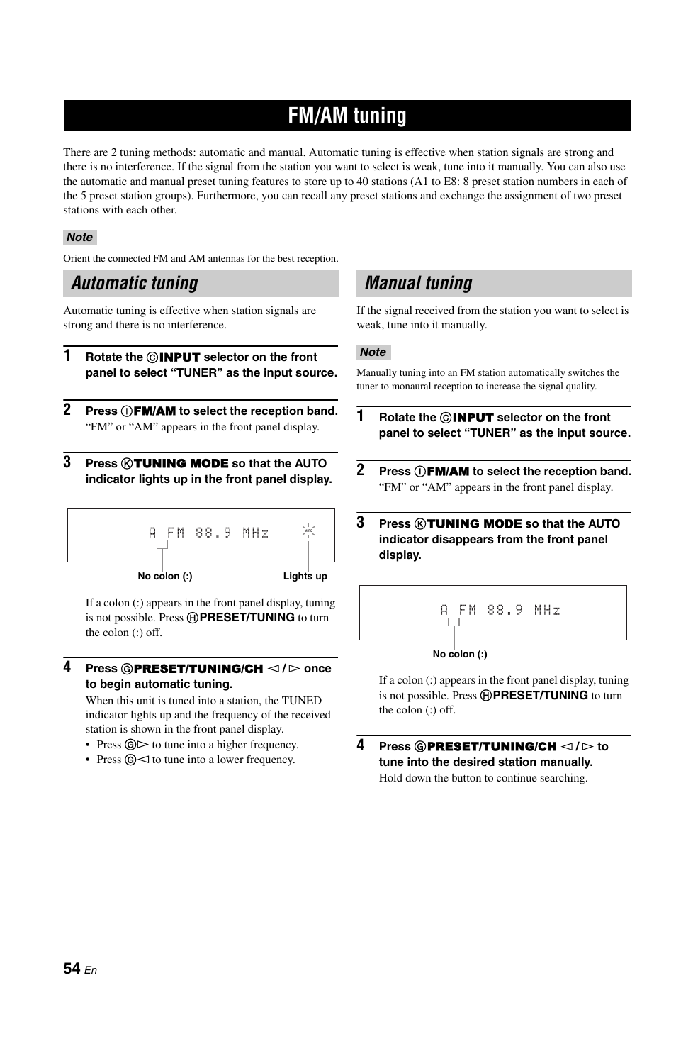 Fm/am tuning, Automatic tuning, Manual tuning | P. 54 | Yamaha RX-V1800 User Manual | Page 58 / 157