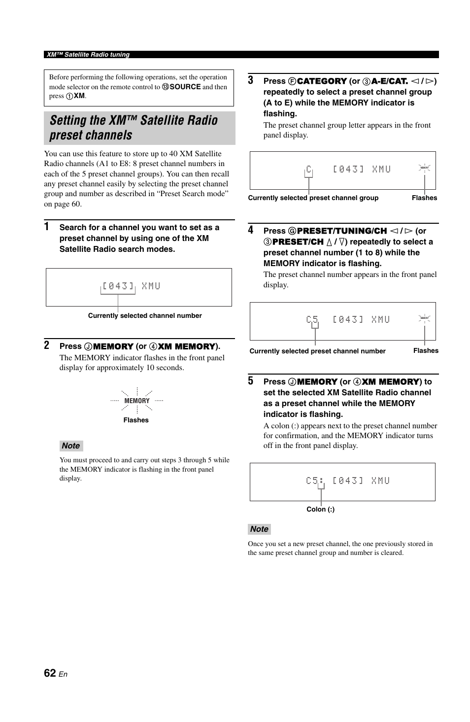 Setting the xm™ satellite radio preset channels, Annels (see | Yamaha RX-V1800 User Manual | Page 66 / 157