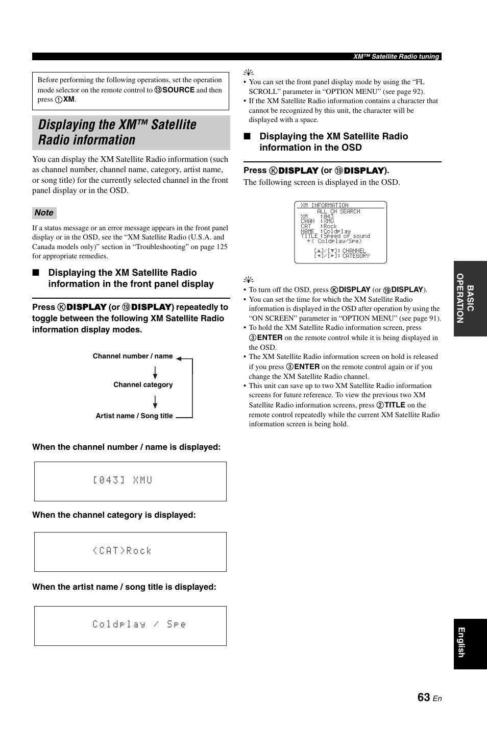 Displaying the xm™ satellite radio information | Yamaha RX-V1800 User Manual | Page 67 / 157