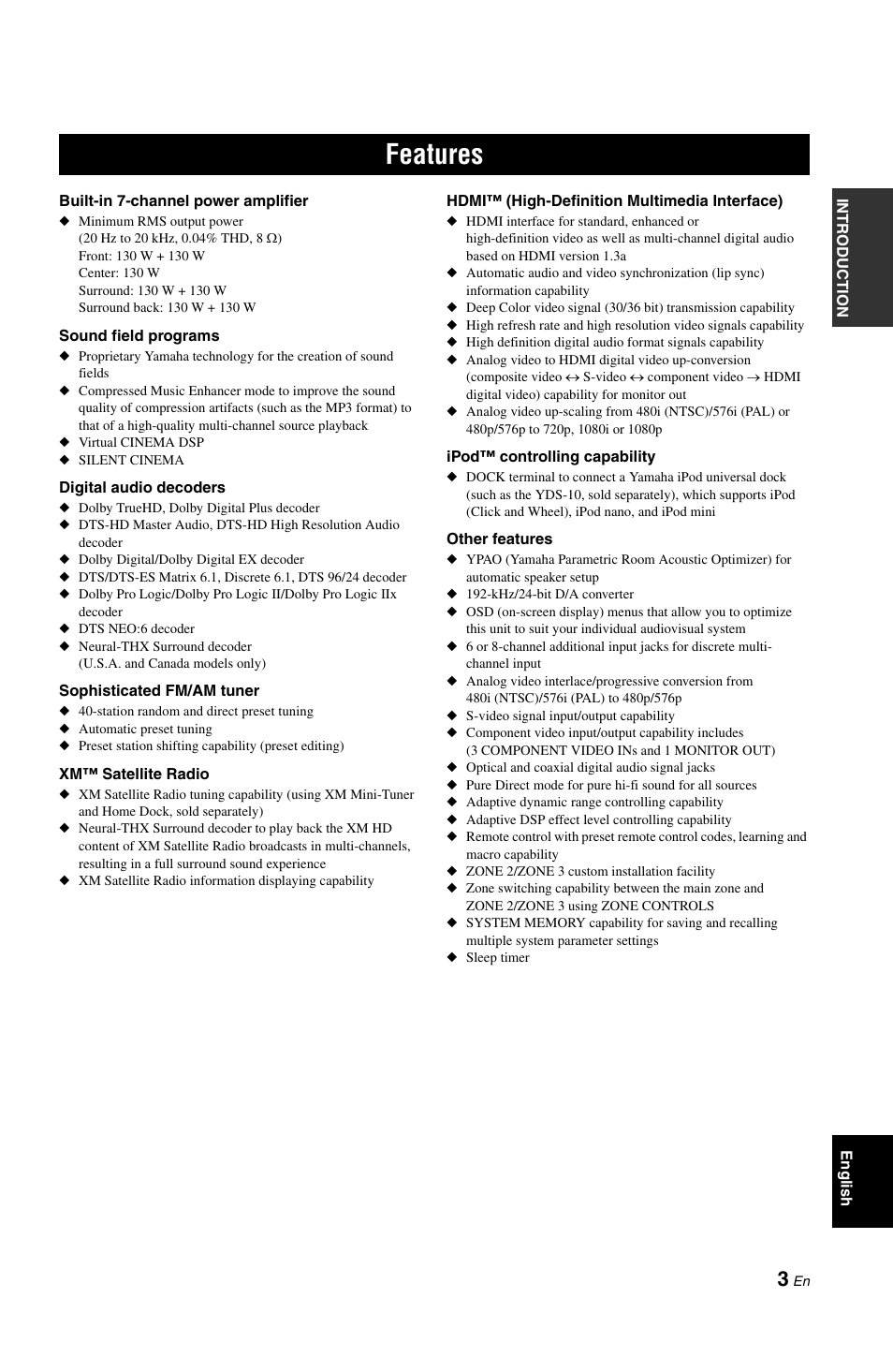 Features | Yamaha RX-V1800 User Manual | Page 7 / 157
