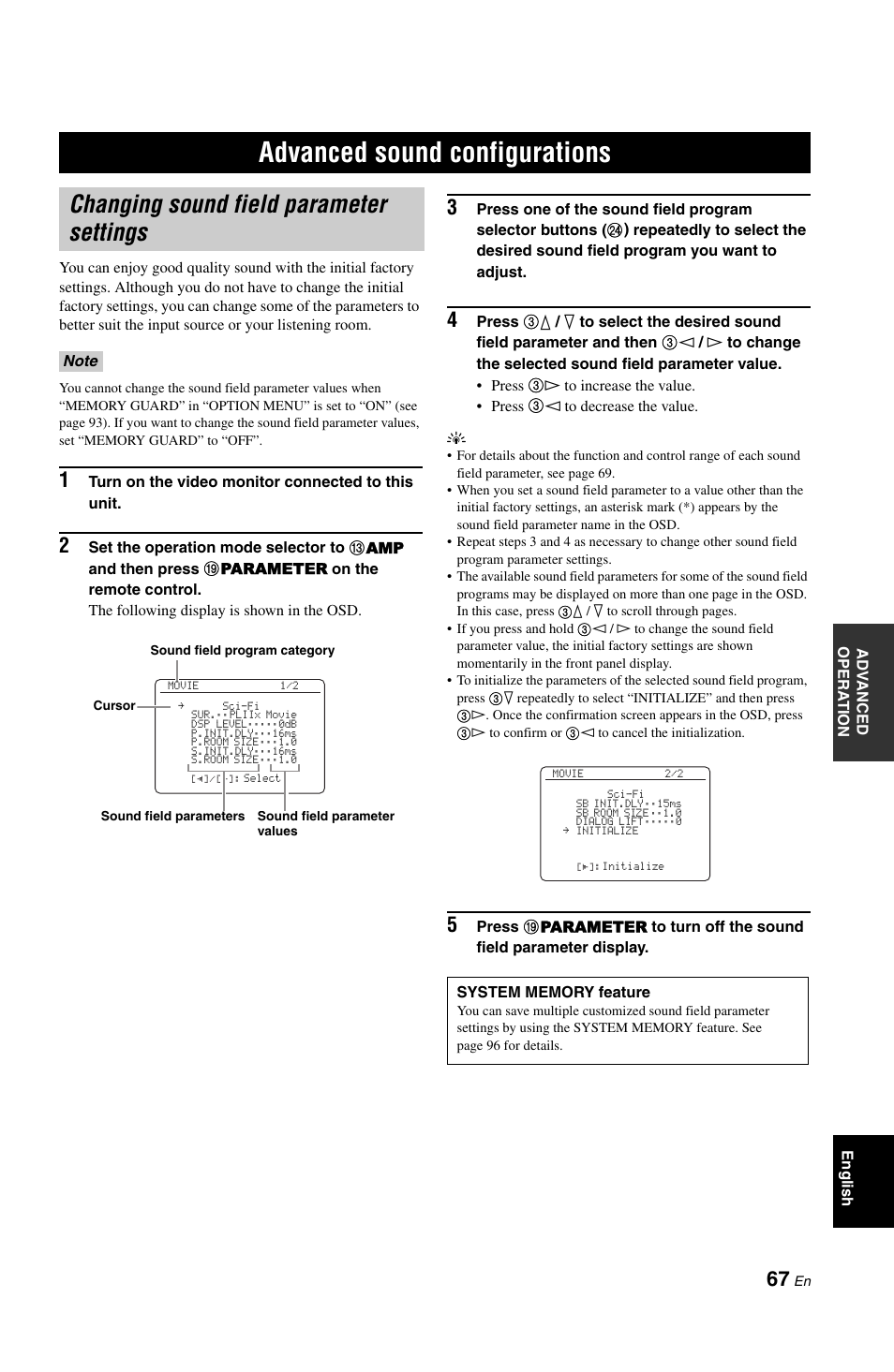 Advanced operation, Advanced sound configurations, Changing sound field parameter settings | P. 67 | Yamaha RX-V1800 User Manual | Page 71 / 157