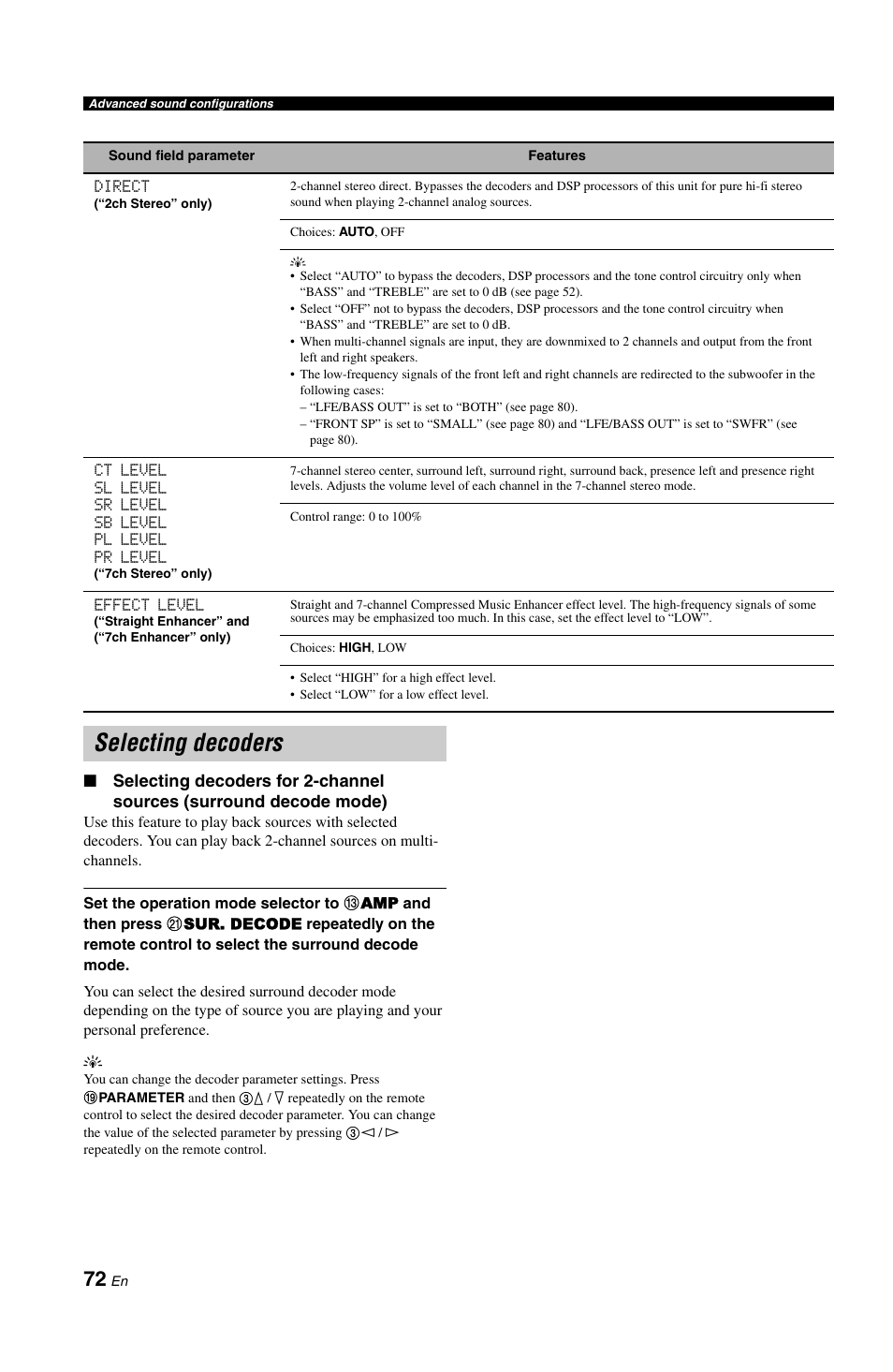 Selecting decoders | Yamaha RX-V1800 User Manual | Page 76 / 157