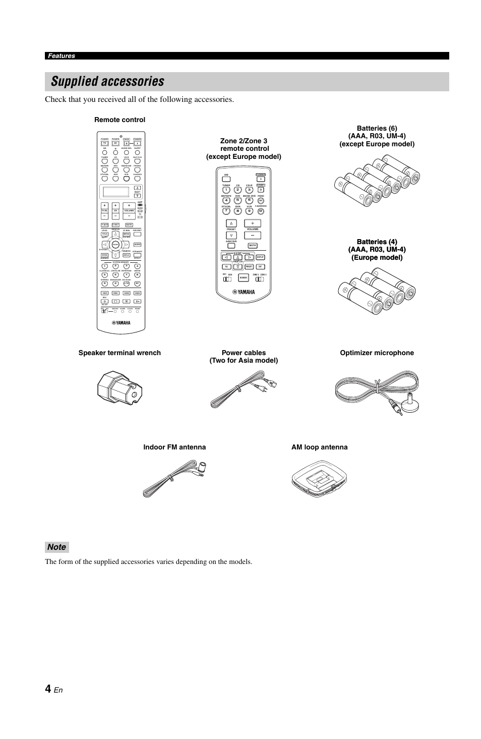 Supplied accessories, Features | Yamaha RX-V1800 User Manual | Page 8 / 157