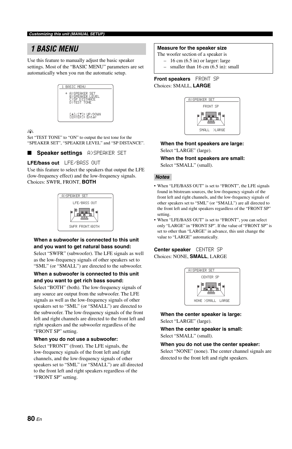 1 basic menu, P. 80, Speaker settings | Yamaha RX-V1800 User Manual | Page 84 / 157