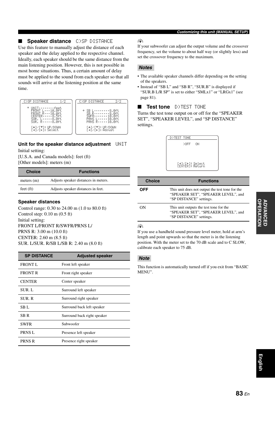 P. 83, Speaker distance, Test tone | Yamaha RX-V1800 User Manual | Page 87 / 157