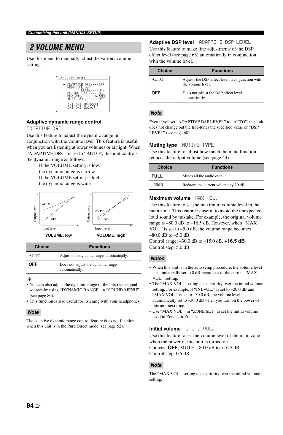 2 volume menu, P. 84 | Yamaha RX-V1800 User Manual | Page 88 / 157