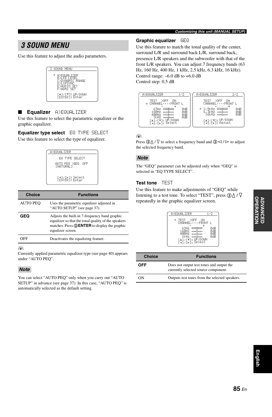 3 sound menu, P. 85, Equalizer | Yamaha RX-V1800 User Manual | Page 89 / 157