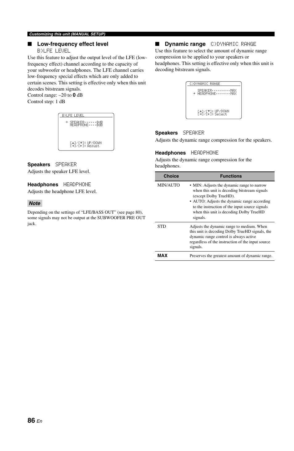 Low-frequency effect level, Dynamic range | Yamaha RX-V1800 User Manual | Page 90 / 157